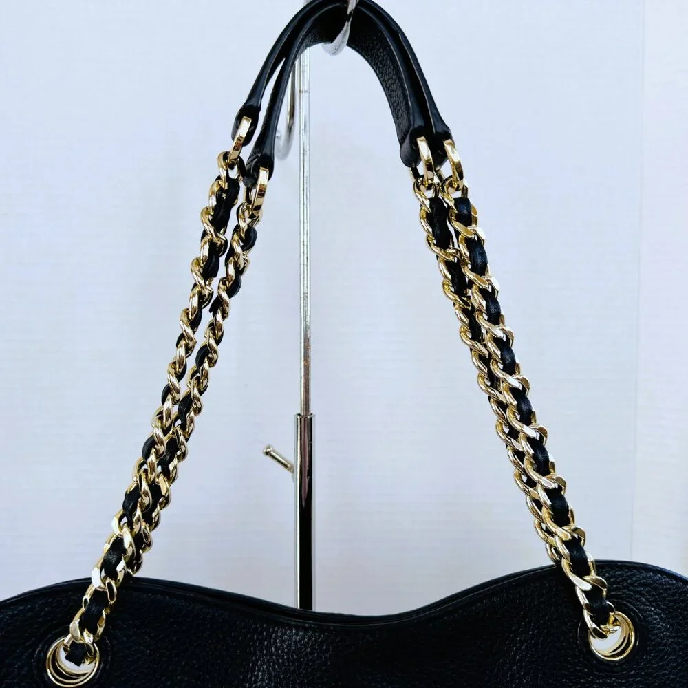 Tory Burch THEA Navy Blue Pebbled Leather‎ Gold Chain Shoulder Tote Bag